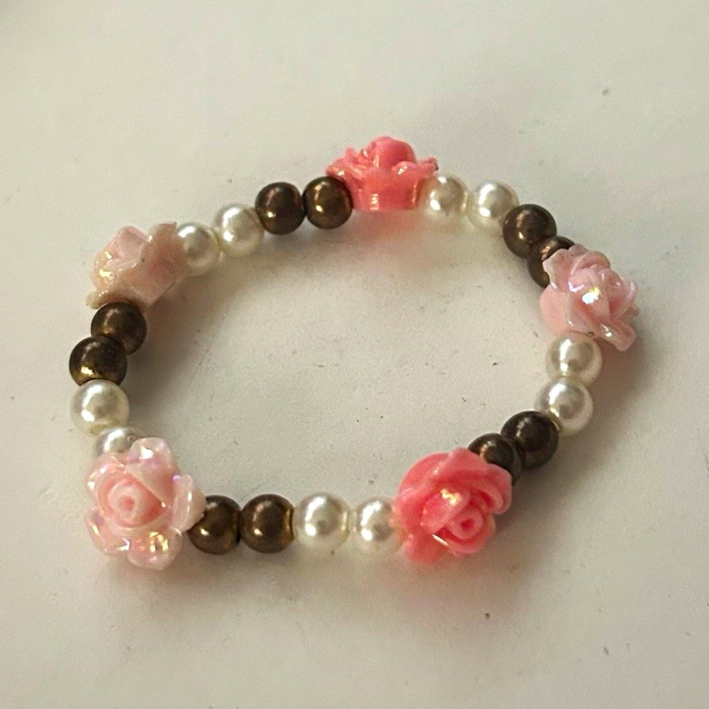 Pink Flower Beaded Stretch Bracelet, Plastic, White & Bronze Beads, No Clasp